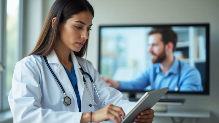 Professional healthcare provider in white coat conducting virtual video consultation on tablet with patient visible on screen, modern clinic office background, natural lighting, serious focused expression