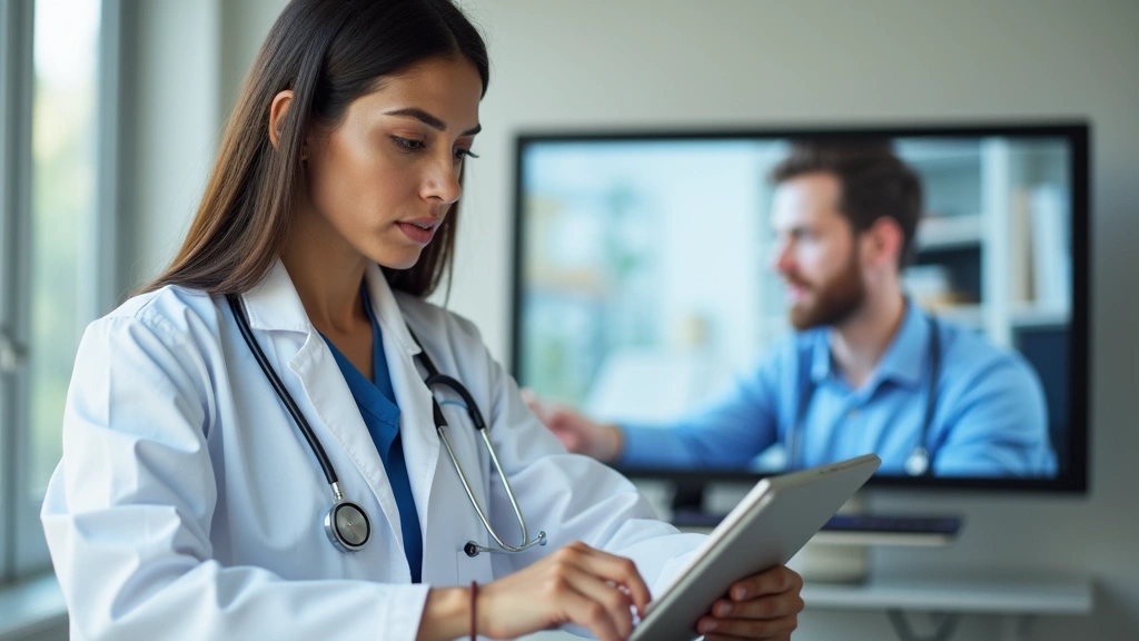 Professional healthcare provider in white coat conducting virtual video consultation on tablet with patient visible on screen, modern clinic office background, natural lighting, serious focused expression