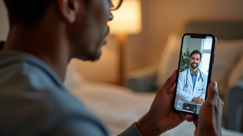 Young patient using smartphone for telehealth appointment with doctor visible on screen, comfortable home setting, warm indoo
