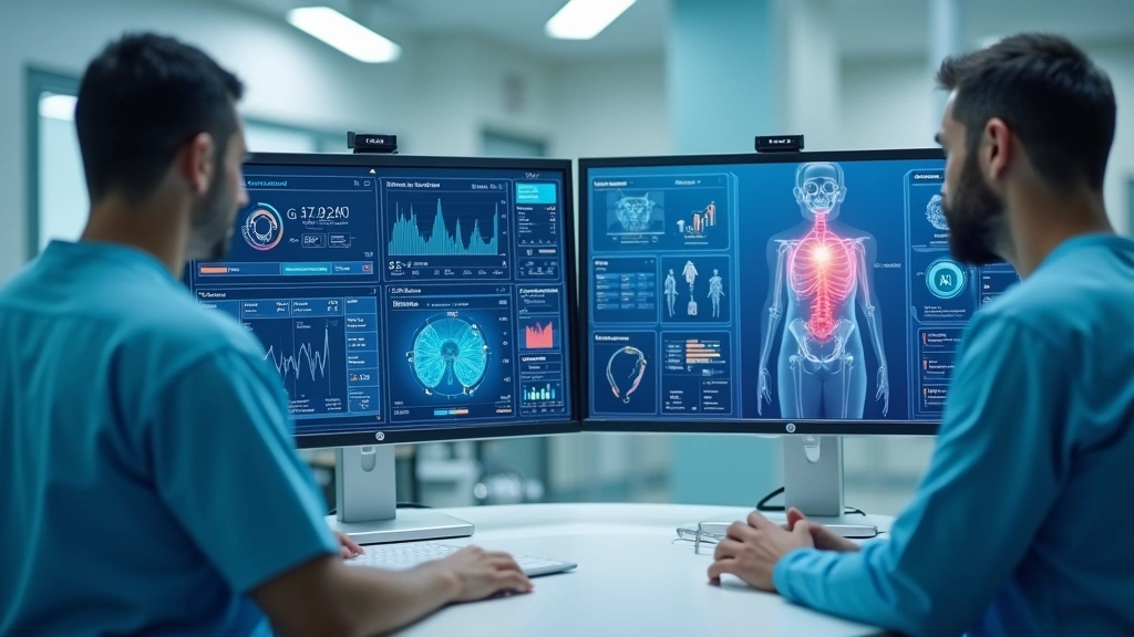 Healthcare technology dashboard showing patient vital signs, appointment calendar, and AI diagnostic tools on multiple monito