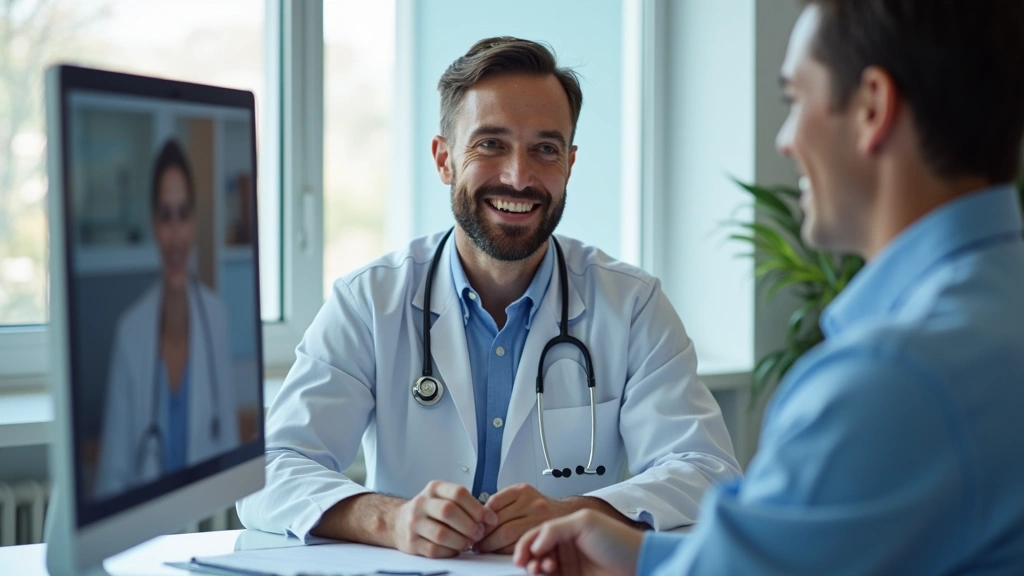 Professional healthcare provider conducting telemedicine consultation on computer with patient, modern clinic office background, medical setting