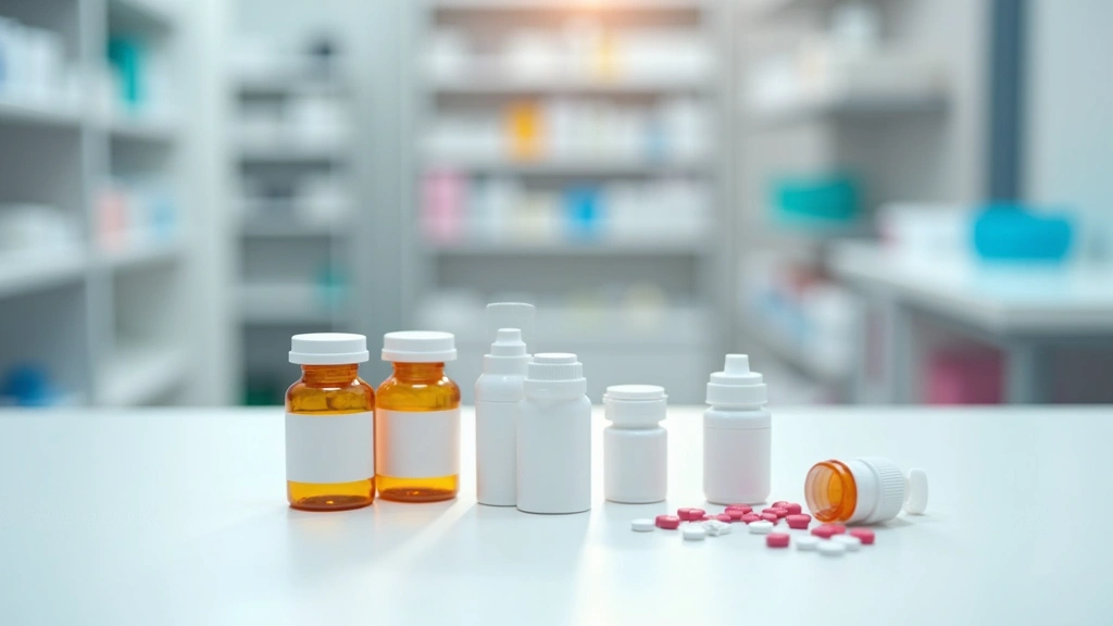 Pharmacy medication bottles and packaging on clean white surface with blurred medical clinic background, professional healthc