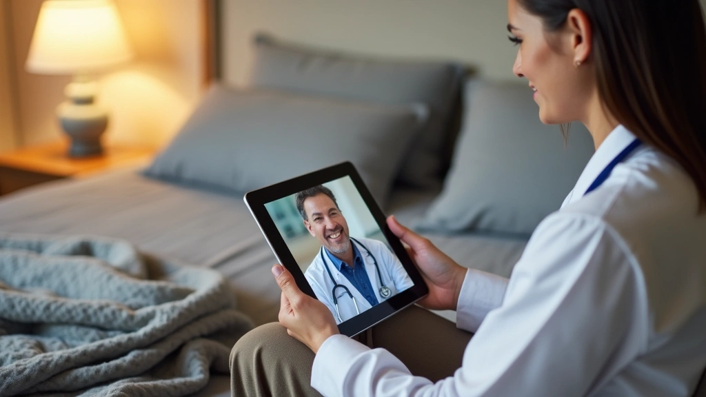 Patient receiving telehealth consultation on tablet device in private home setting, calm comfortable bedroom environment, pro