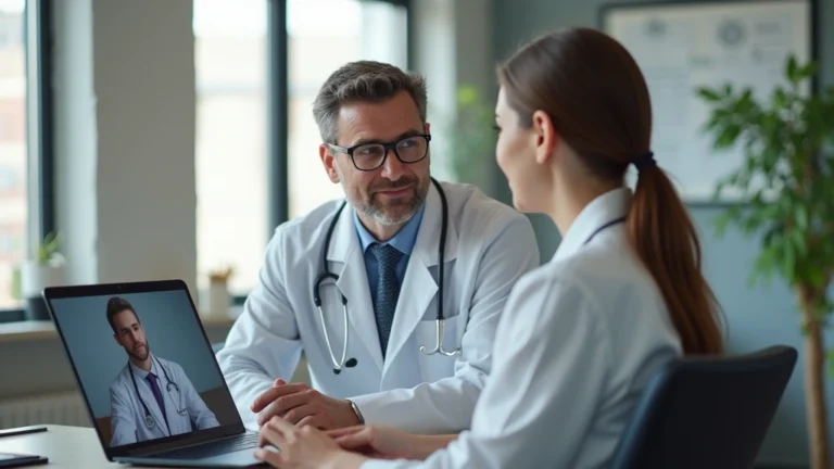 Licensed psychiatrist conducting video consultation with patient on laptop, modern clinical office background, professional healthcare setting, calm atmosphere