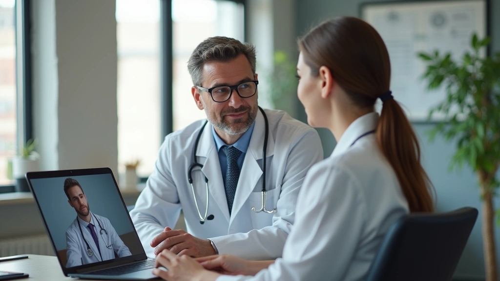 Licensed psychiatrist conducting video consultation with patient on laptop, modern clinical office background, professional h