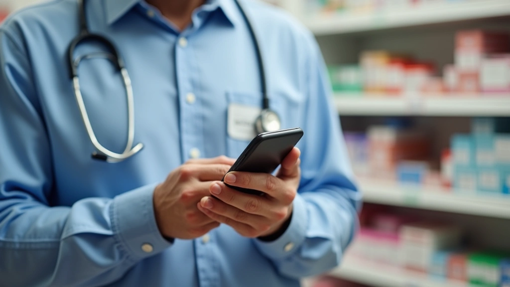 Patient receiving prescription notification on smartphone from telehealth platform, pharmacy bottle visible, healthcare digit