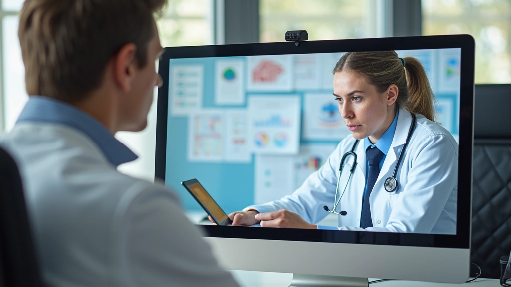 Doctor reviewing patient medical records on computer screen during online ADHD consultation, clinical documentation visible,