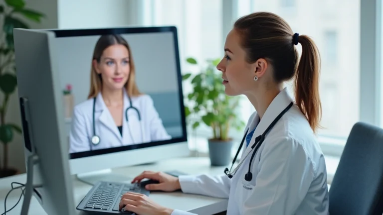 Professional female doctor in white coat conducting video consultation on computer screen, modern clinic office background, patient visible on screen, calm clinical setting
