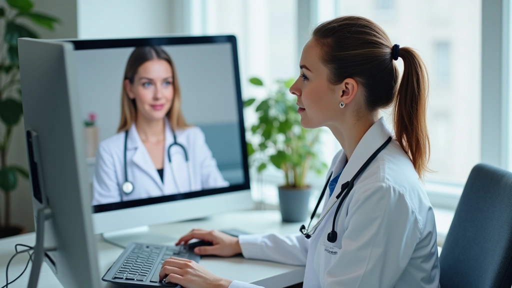 Professional female doctor in white coat conducting video consultation on computer screen, modern clinic office background, patient visible on screen, calm clinical setting