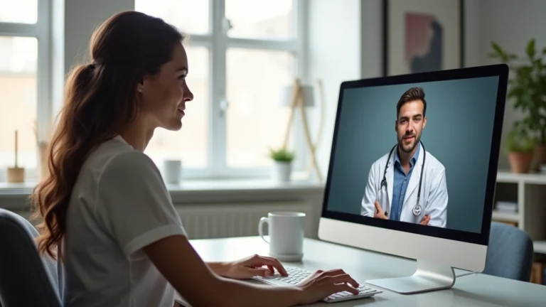Professional woman in home office on video call with male doctor on computer screen, bright natural lighting, modern bedroom background
