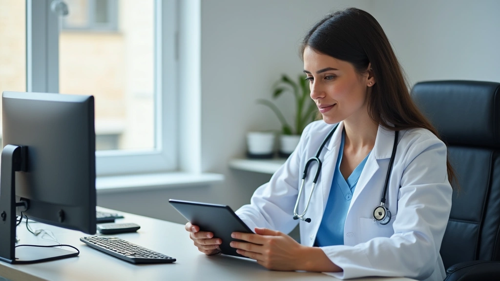Healthcare provider in white coat sitting at desk reviewing patient information on tablet during telehealth consultation, cli