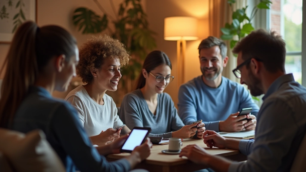 Diverse group of people using smartphones and tablets for virtual health appointments in comfortable home environments, warm 
