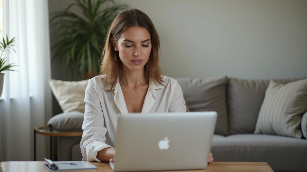 Professional woman in home office on video call with therapist, calm natural lighting, comfortable setting, laptop screen vis