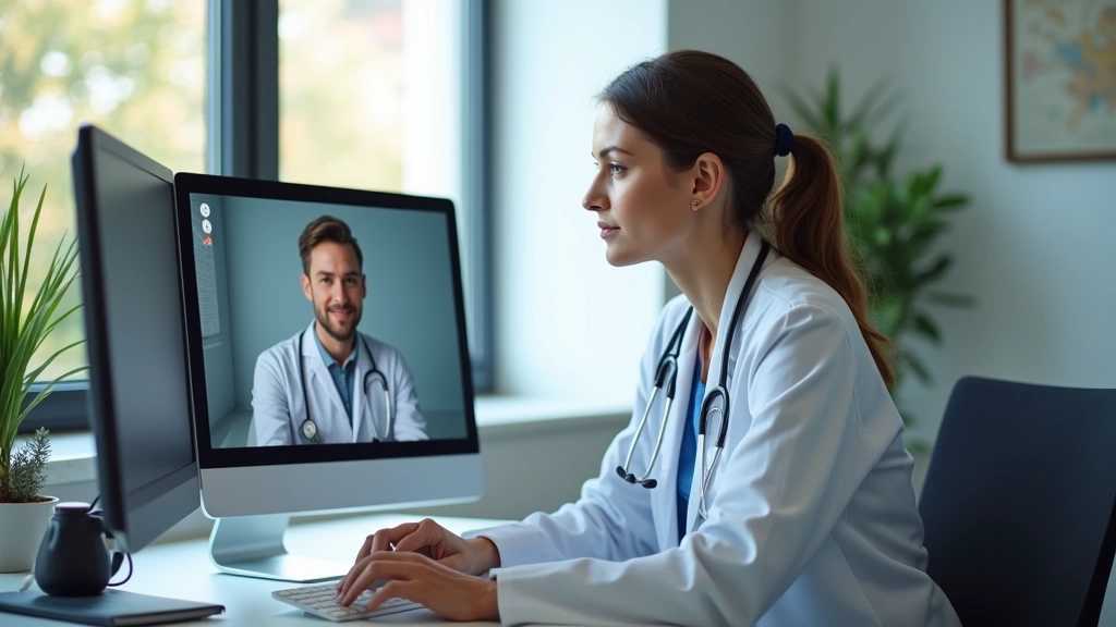 Diverse healthcare provider at desk during telehealth session, professional medical office, computer monitor showing patient