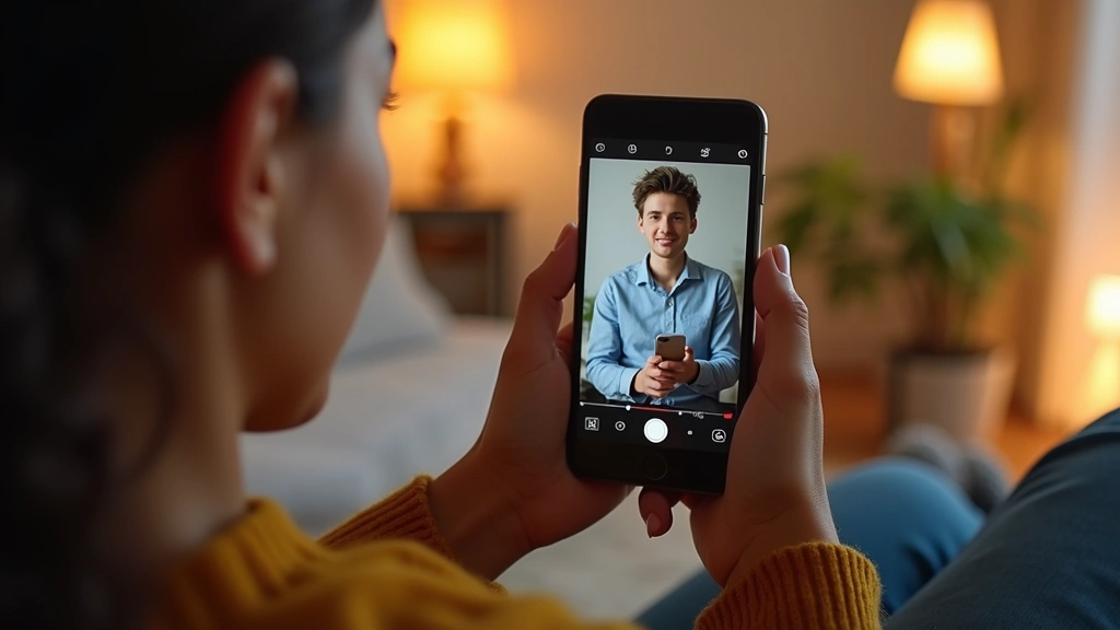 Young person in private home space holding smartphone during mental health video consultation, warm lighting, comfortable sea