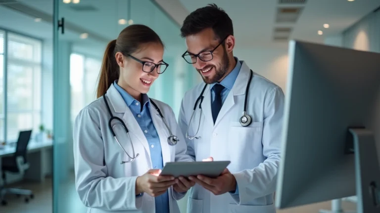 Healthcare professionals in modern clinic reviewing telehealth platform on tablet and desktop computer, professional medical office environment with clean design