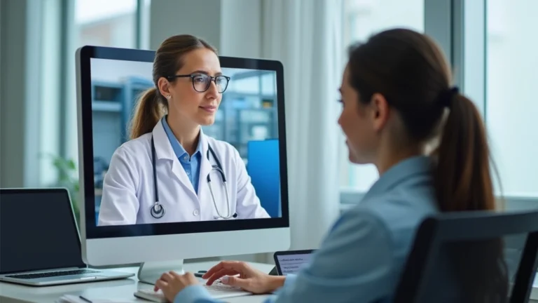 Healthcare provider conducting virtual consultation on computer with patient, professional medical office background, video call interface visible, modern telehealth technology setup