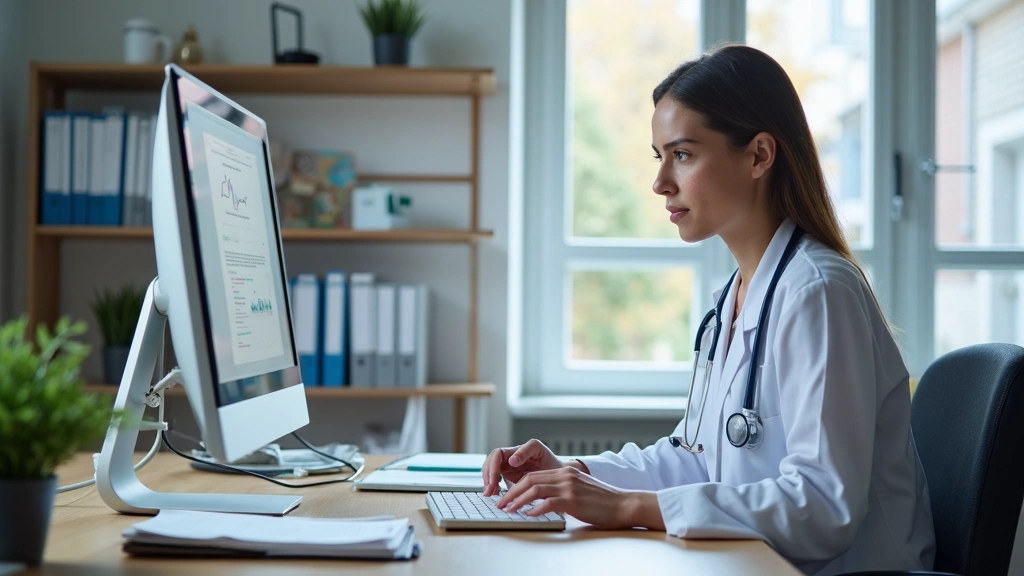 Medical billing specialist reviewing telehealth insurance claim documentation on computer screen, organized desk with healthc