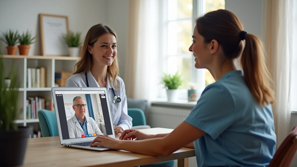 Patient receiving telehealth visit from home, sitting at desk with laptop during video consultation, comfortable home setting