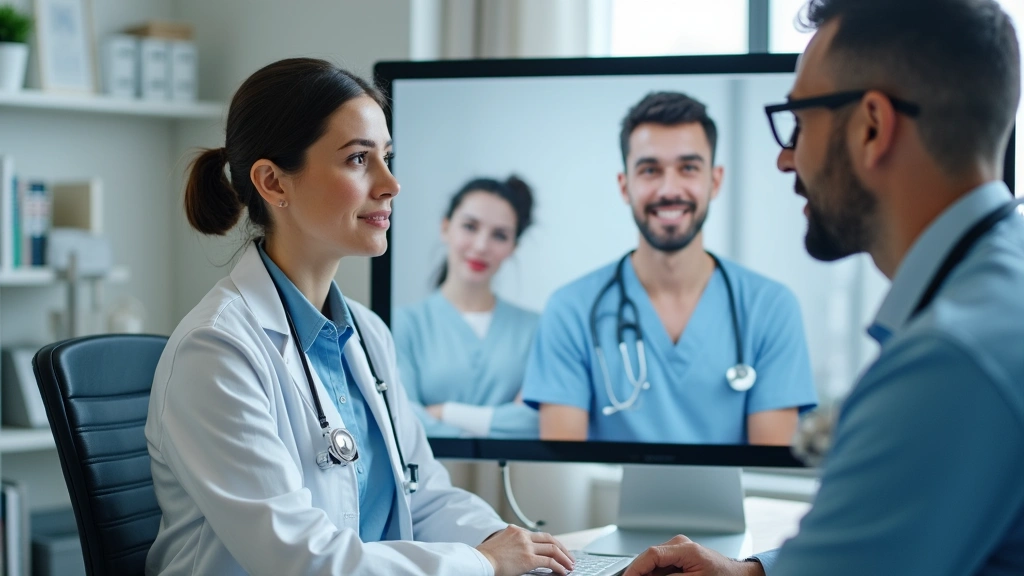 Healthcare provider conducting professional video telehealth consultation with patient on computer screen in modern clinical office setting with medical equipment visible