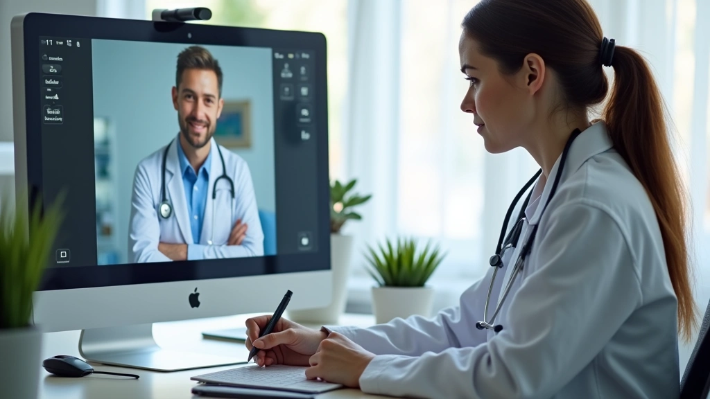 Medical professional documenting patient notes on computer during virtual telehealth appointment, professional healthcare wor