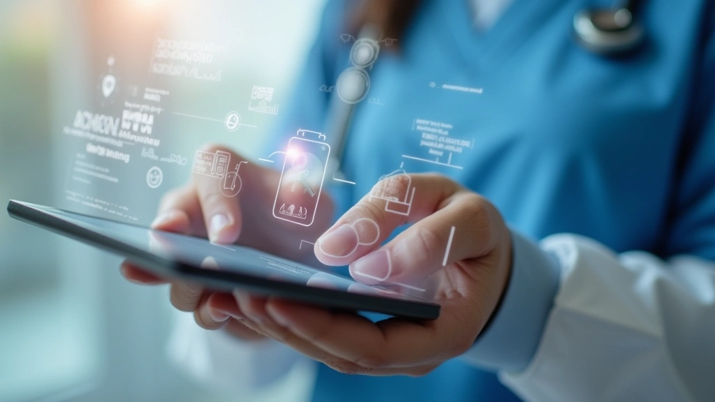 Close-up of hands using secure telehealth platform on tablet device in healthcare facility, showing medical billing and codin