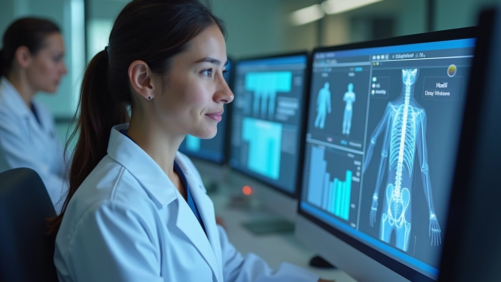 Doctor in white coat reviewing digital health records and remote patient monitoring data on computer screen in clinical works