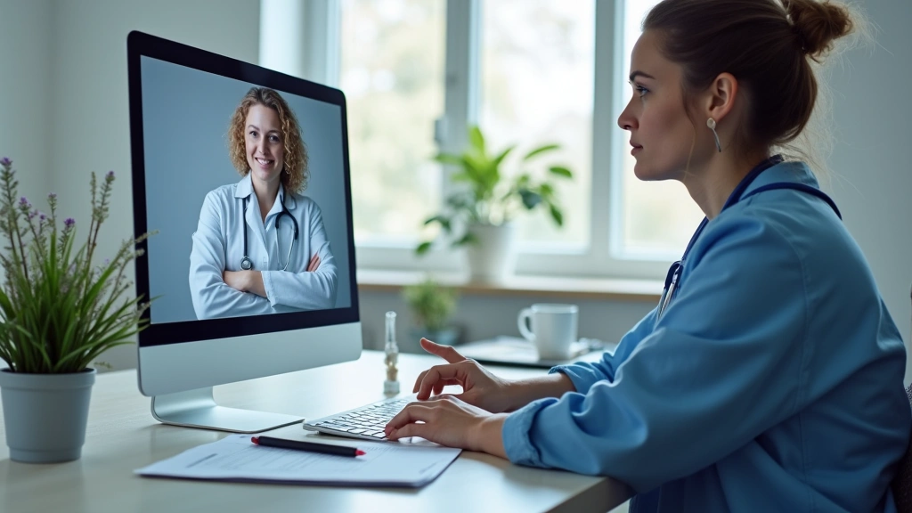 Medical professional participating in online certification training course on computer with healthcare compliance documents v