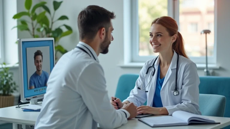 Professional healthcare provider conducting video consultation on laptop in modern medical office setting, patient visible on screen, natural lighting