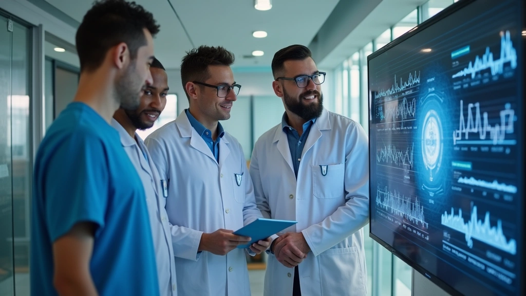 Diverse medical team collaborating around digital health platform display in contemporary clinic, reviewing patient data on l