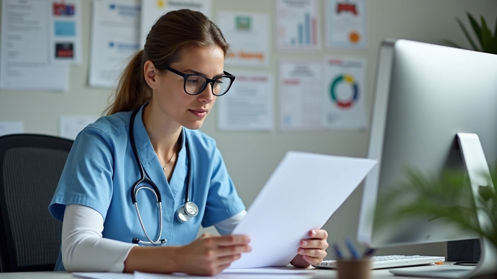 Healthcare administrator reviewing telehealth compliance documentation at desk with computer, organized office environment wi
