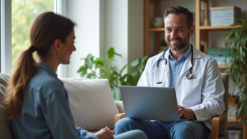 Woman sitting at home on video call with male doctor, laptop screen visible, professional medical consultation, natural lighting, residential setting