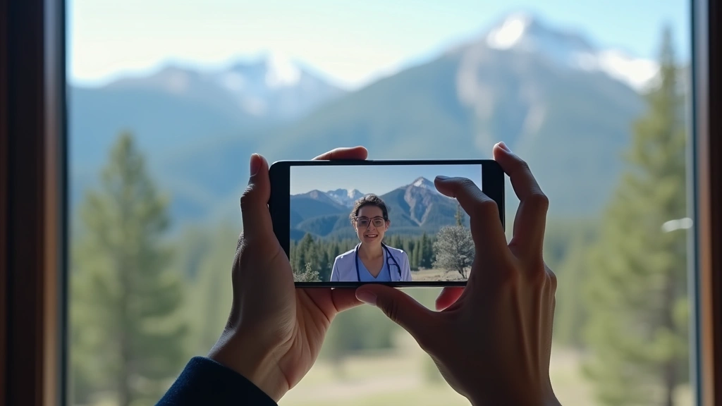 Hands holding smartphone showing telehealth appointment interface, Colorado mountain landscape visible through window backgro