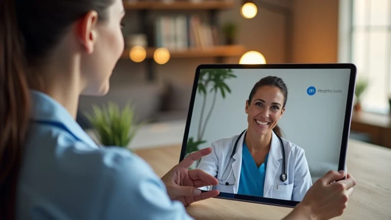 Healthcare professional conducting virtual weight loss consultation via video call on tablet screen, patient visible on screen, modern home office setting, professional attire, warm lighting