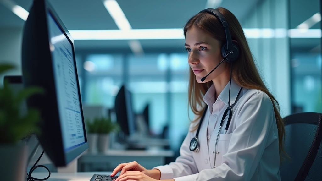Female telehealth coordinator wearing headset at desk providing technical support to patient, modern healthcare clinic backgr