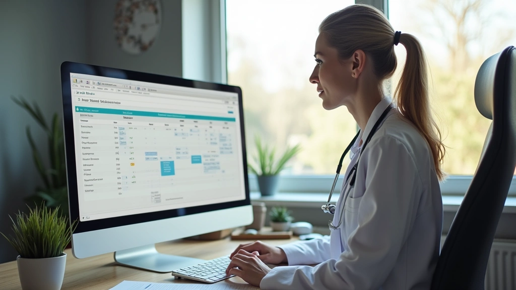 Professional woman working at home office desk with computer monitor showing patient scheduling interface, organized workspace with medical documents, natural daylight from window, focused expression