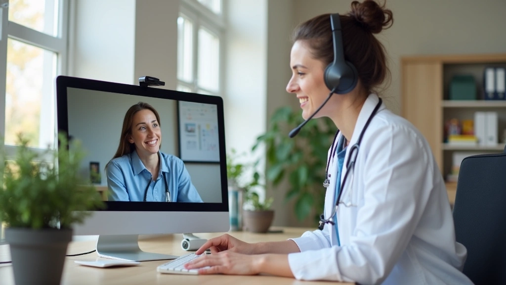 Healthcare coordinator on video call with patient on computer screen, professional home office setting, headset visible, medi