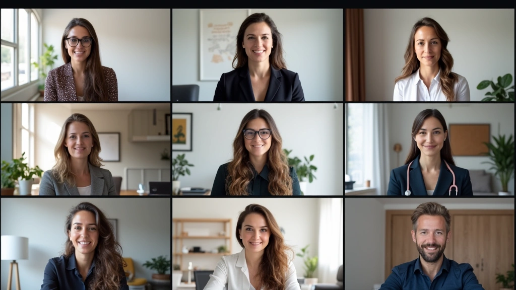 Diverse team of remote telehealth coordinators in separate home offices, split-screen video conference meeting, modern minima