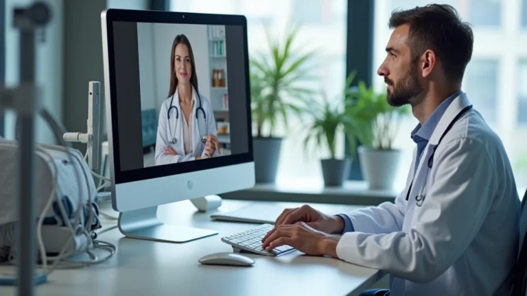 Doctor in white coat conducting video call on computer in modern medical office, patient visible on screen, professional telehealth setup with medical equipment visible