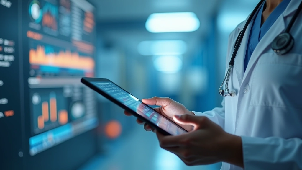 Healthcare provider reviewing patient data on tablet device in clinic setting, remote monitoring dashboard displayed, clinica
