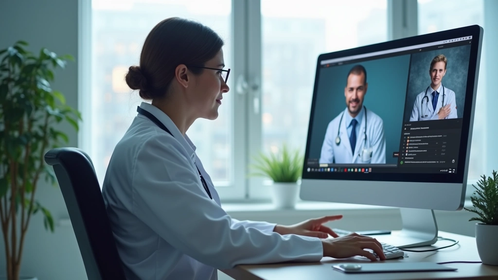 Medical professional at desk using video conferencing software for patient consultation, professional healthcare environment 