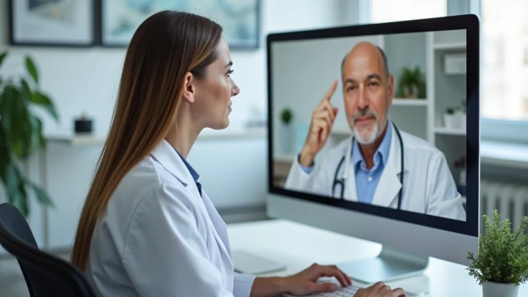 Professional female dermatologist in white coat consulting with patient via video call on computer screen in modern medical clinic office