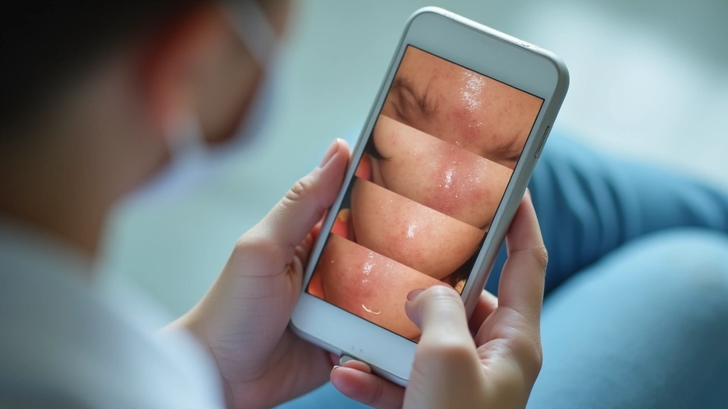 Close-up of patient hands holding smartphone displaying clear high-resolution photos of skin condition for telehealth dermato