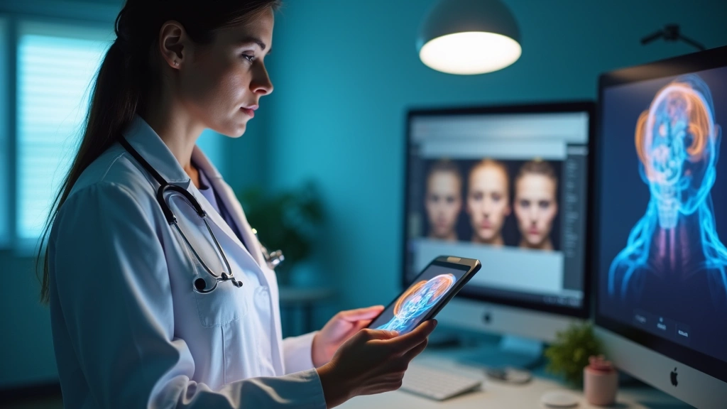 Dermatologist reviewing patient skin images on digital tablet in telehealth medical office with professional lighting and hea