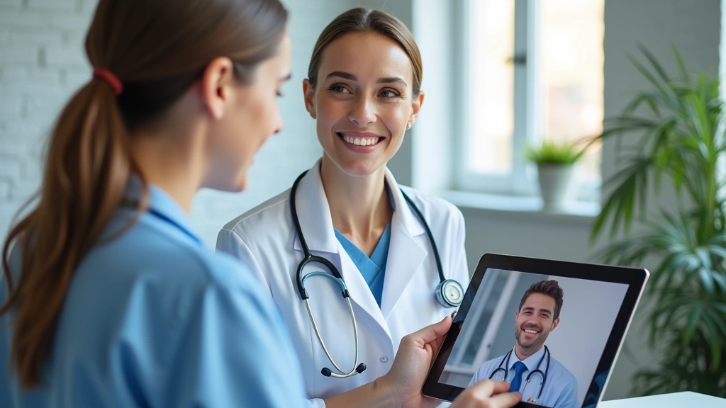 Female patient in medical office smiling during video consultation on tablet with doctor visible on screen, professional heal