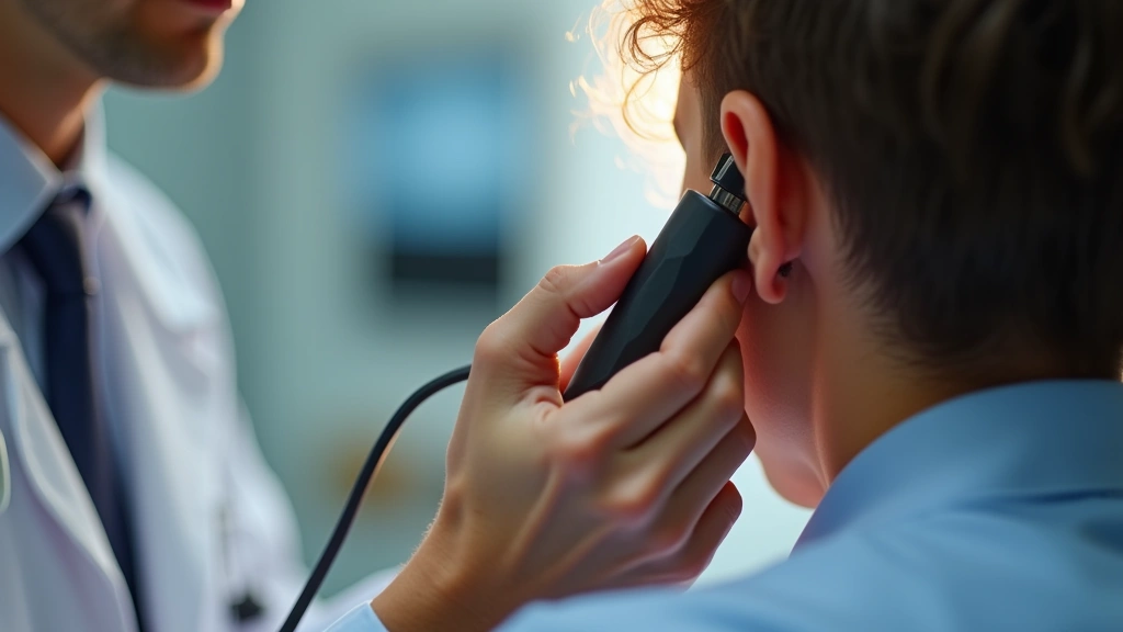 Close-up of doctors hands holding otoscope examining patients ear in clinical setting, professional medical examination, warm