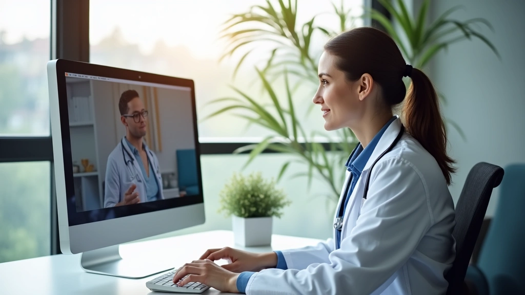 Telehealth provider at desk in medical office looking at computer screen during virtual consultation, professional healthcare