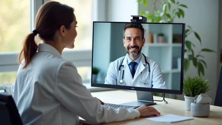 Female patient sitting at home desk during video consultation with male doctor on computer screen, professional medical setting, natural lighting, healthcare technology