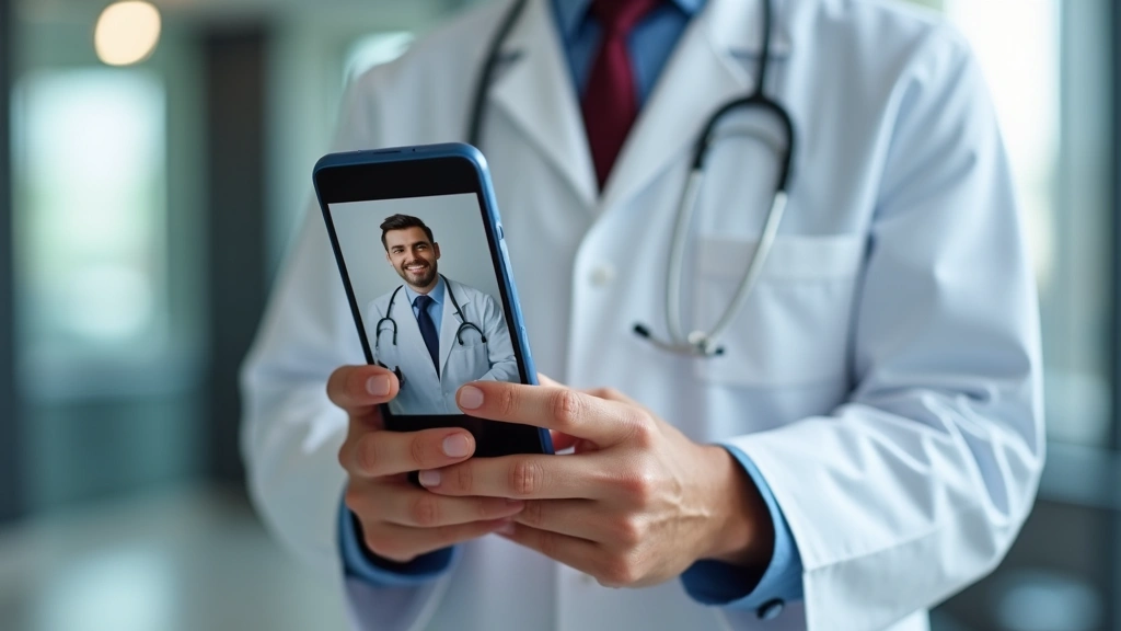Close-up of hands holding smartphone showing telehealth appointment interface with doctors profile, modern healthcare app, cl