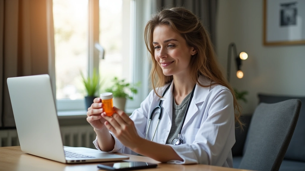 Woman reviewing prescription bottle while sitting in comfortable home office after telehealth consultation, natural daylight,